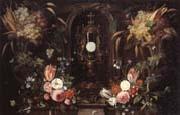 Jan Van Kessel Still life of various flowers and grapes encircling a reliqu ary containing the host,set within a stone niche Germany oil painting reproduction